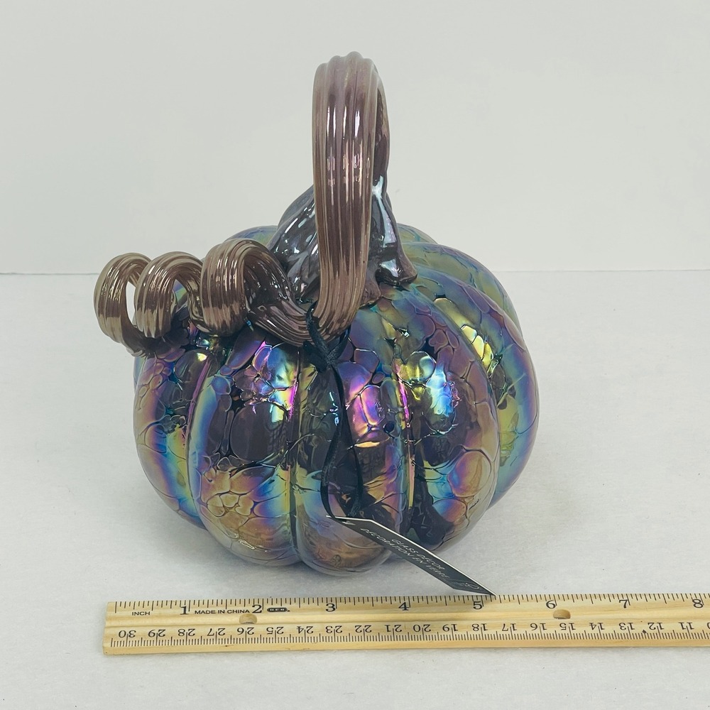 Tahari Home Iridescent Glass Pumpkin Oil Slick Rainbow Bubble Decor 7.5 Inch NEW - Picture 7 of 16